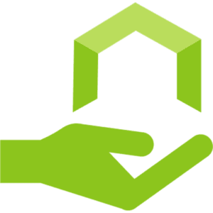 A small green icon depicting a hand holding a house.