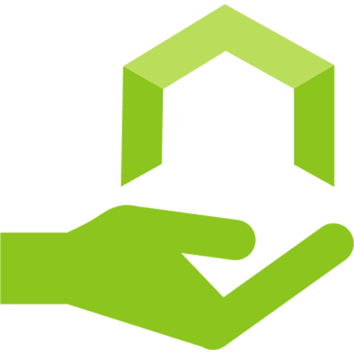 A small green icon depicting a hand holding a house.