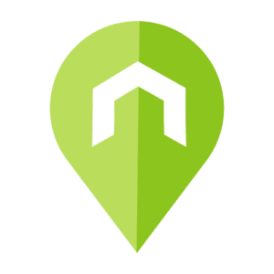 A small green icon depicting a map marker with a house on it.